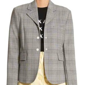 Ganni Garvey Gray Plaid Check Notch Collar Snap Button Blazer Jacket
